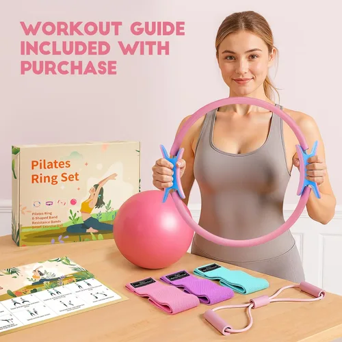 Vista 7 de Kit de equipo de anillo de pilates en casa, bandas de resistencia y pelota de ejercicio para mujer, juego de entrenamiento de anillos de pilates