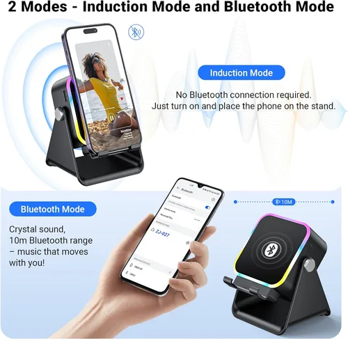 Vista 9 de Altavoz de inducción con soporte para teléfono 5 en 1 Audio inalámbrico de inducción Bluetooth para iPhone Android Altavoz con amplificador con luz