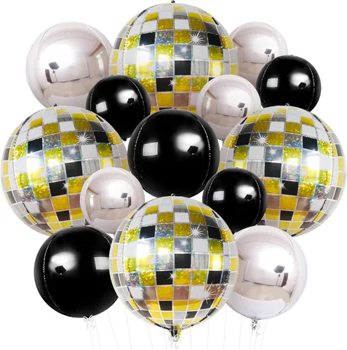 KatchOn - Globos de bola de discoteca de 22 pulgadas, paquete de 14, decoraciones de fiesta de discoteca Paquete de 14 unidades en negro y plateado