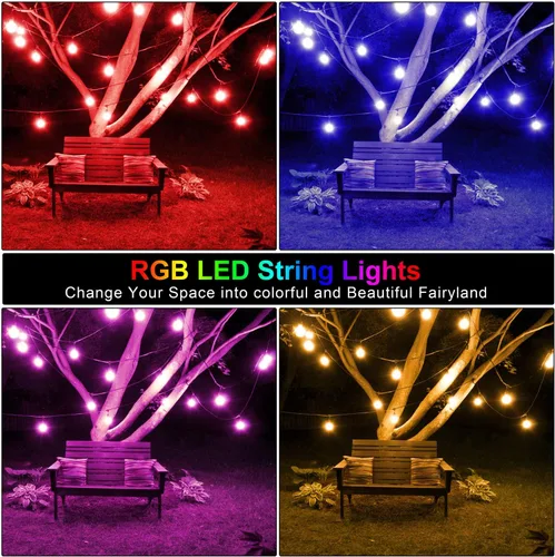 Vista 5 de Mlambert Luces de patio al aire libre de 48 pies, impermeables, regulables con control remoto, cadena de luces LED RGB Cafe con 15 bombillas Negro