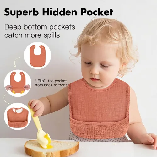 Vista 3 de Baberos para bebés niños y niñas, paquete de 8 baberos de muselina para babear y dentición con bolsillo oculto, algodón suave, extra absorbente, a