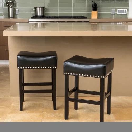 Vista 2 de 2-Pcs Set Backless Leather Counter Stools 26in Height - Dining Chairs, Table & Chair Sets, Desk Chair for Kitchen Island, Bar Stools,Black