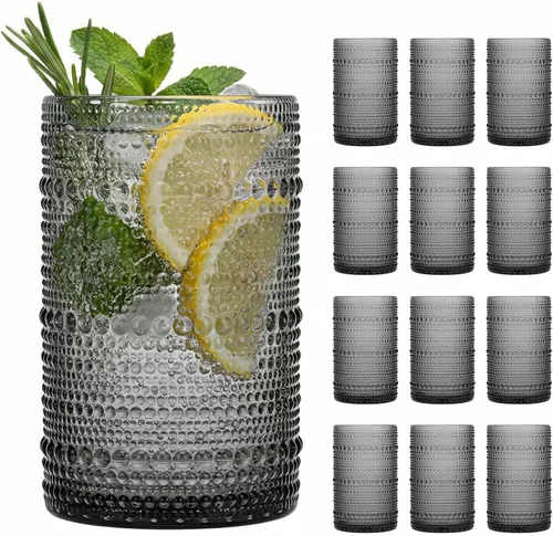 Vista 14 de Moretoes Hobnail - Juego de vasos de cóctel de 12 onzas, vasos de cóctel vintage, vasos de vidrio texturizado, vasos de burbujas, vasos de agua, Azul