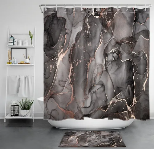 Vista 17 de LB Grey Marble Shower Curtain Decor, Modern Luxury Abstract Pink and Black Marble Textured Shower Curtain for Bathroom 60X72 inch Polyester Fabric