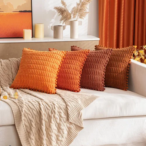 Vista 3 de MIULEE Juego de 2 fundas de almohada decorativas de pana otoñal color óxido, paquete de 2 fundas de almohada suaves con pompones, estilo bohemio, a