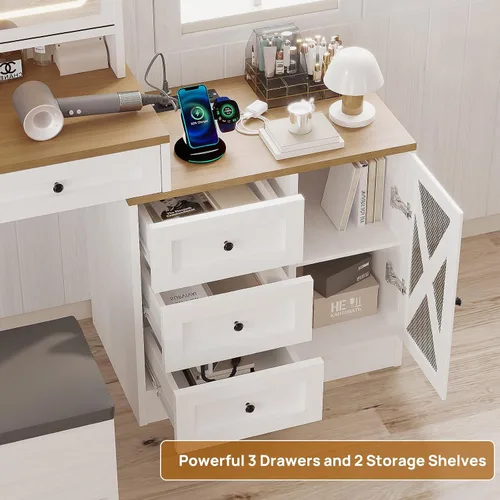 Vista 4 de Escritorio de maquillaje de granja de 56 pulgadas con espejo deslizante y luces, color blanco Rustic Dressing Table with Charging Station Power