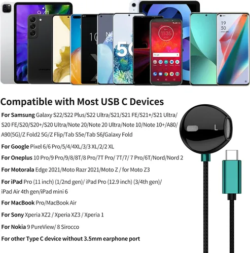 Vista 6 de Auriculares USB C para Samsung Galaxy S26 S25 S24 FE S23 Plus S22 Ultra A35 A54 USB Tipo C Auriculares HiFi estéreo con cable USB-C con micrófono
