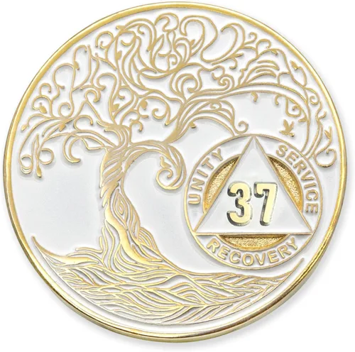 Vista 270 de 1 año Sobriety Mint Twisted Tree of Life Medallón de recuperación AA chapado en oro, chip/ficha - negro