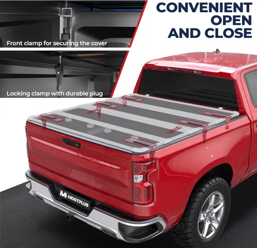 Vista 3 de MOSTPLUS - Cubierta rígida para caja de camioneta plegable en 4 partes, compatible con Chevy Chevrolet Silverado GMC Sierra 1500 2500 3500 HD, cama