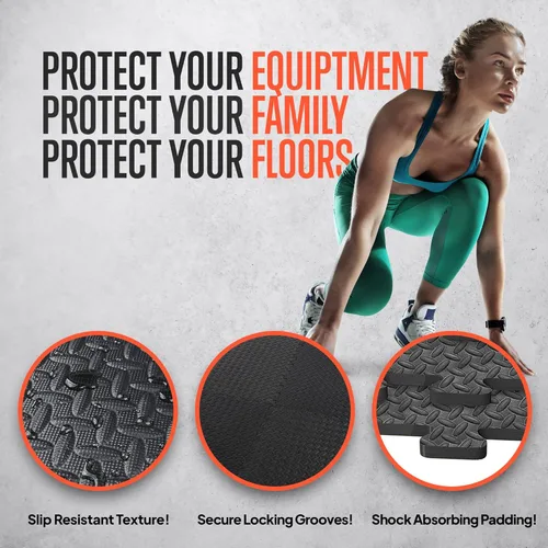 Vista 6 de SQUATZ Puzzle Exercise Mat 25/50 Tiles Interlocking Foam Home Mats, 24x24'' EVA Foam Floor ½ in Tiles, Protective Flooring for Gym Equipment, Yoga