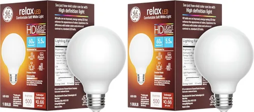 Vista 13 de GE Relax - Bombilla LED de 60 vatios, blanco suave, bombilla globo G25, esmerilada, base mediana (paquete de 1)
