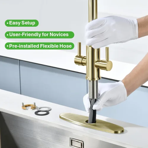 Vista 5 de Grifo de Fregadero de Cocina, 2 Manijas Desplegable con Pulverizador, Oro Cepillado, PB1056