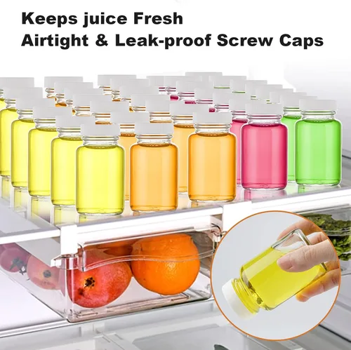 Vista 3 de Botellas de vidrio para zumo con tapas, paquete de 8 botellas pequeñas transparentes de 3.5 onzas, a prueba de fugas, recipientes de jugo