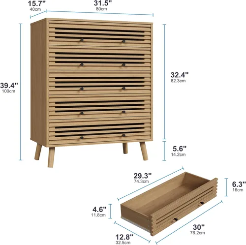 Vista 2 de Furnify Cómoda de 5 cajones para dormitorio, cómoda de listones moderna de mediados de siglo, cómoda de madera organizadora para dormitorio, sala