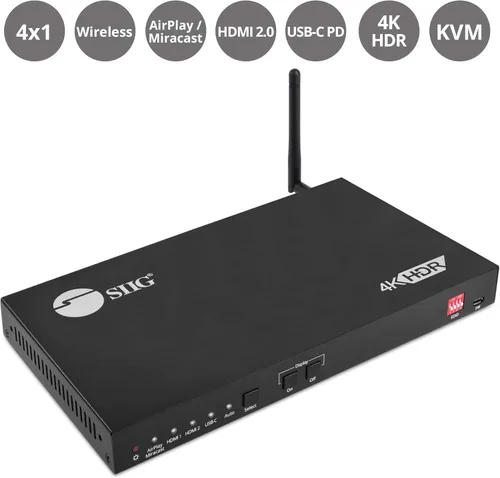 Vista 2 de SIIG Presentación de oficina de entrada múltiple 4K 4x1 y conmutador KVM, 4 entradas: 1x inalámbrico (Miracast/AirPlay), 2X HDMI, 1x USB-C DP modo