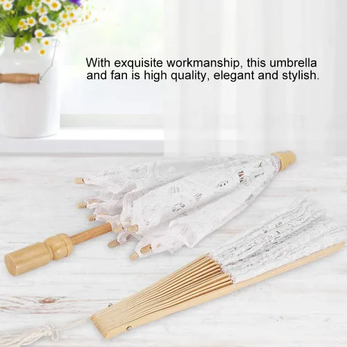 Vista 3 de Paraguas de encaje + ventilador plegable decorativo, sombrillas de boda para novia, con mango de madera, para dama, mujer, decoración de fiesta