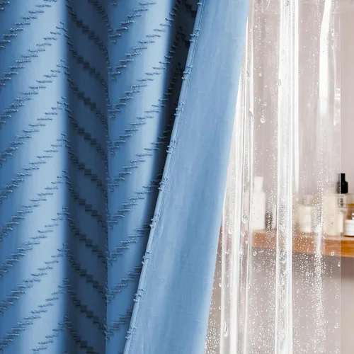 Vista 23 de Dynamene - Cortina de ducha de tela bohemia con rayas con chebrón en relieve, juego de cortina angosta para baño, media cortina impermeable
