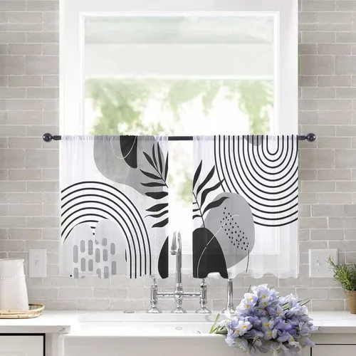 Vista 2 de Cortinas semitransparentes abstractas bohemias de 45 pulgadas de largo para sala de estar, cortinas traslúcidas con bolsillo para barra, cortinas