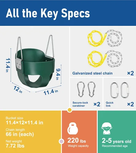 Vista 7 de little dove Cubo completo de respaldo alto, columpio para niños pequeños con cadenas revestidas y protección triangular de inmersión para mayor Verde