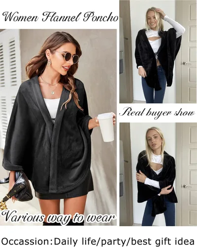 Vista 3 de Ekouaer - Poncho de franela para mujer manta ligera chal cálido abrigo de invierno