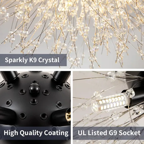 Vista 4 de TANLUX Lámpara de techo negra de montaje empotrado con fuegos artificiales, modernas luces de techo Sputnik de cristal, 6 luces cerca del techo
