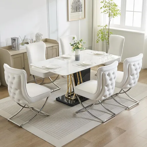Vista 7 de Sillas de Comedor de Terciopelo de Lujo, Sillas de Acento Tapizadas Capitoné sin Brazos con Patas de Metal Plateado en Forma de X, Juego de 2 Sillas
