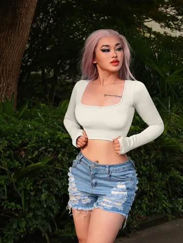 Vista 3 de OQQ Camiseta corta de 2 piezas para mujer acanalada sin costuras para ejercicio de manga larga