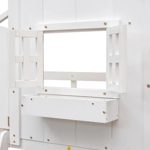 Vista 123 de Cama de casa de tamaño individual con elegantes ventanas y estantería, litera con diseño de castillo de madera con barandillas de seguridad