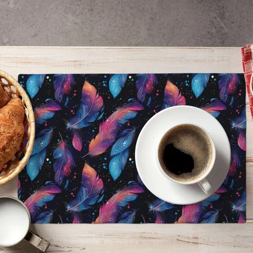 Vista 5 de Dining Table Placemats Set of 4-12x18 Inch Pink Blue Feathers Print Faux Linen Double Heat Resistant Place Mats, Kitchen Table Mats, Wipeable