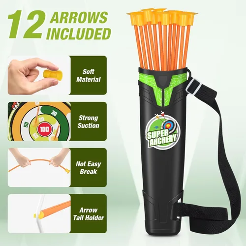 Vista 4 de HYES Arco y flecha para niños, juego de tiro con arco con luz LED con 12 flechas de ventosa, 1 objetivo de pie, 3 objetivos de puntuación y 1