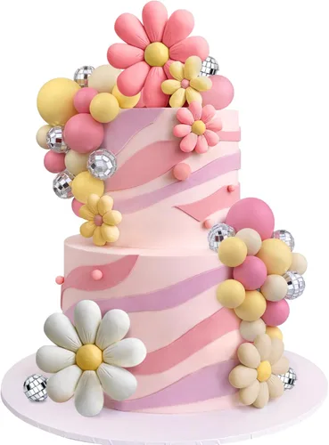 40 piezas Boho Daisy Flower Cake Topper Ball Cake Toppers Disco Ball Cake Decor Retro Hippie Daisy Flower Cake Topper para decoración bohemia Groovy