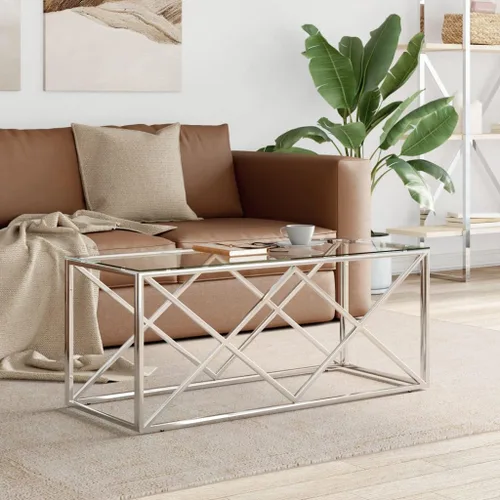 Coffee Table Silver Stainless Steel, Tempered Glass, 17.7x43.3x17.7 in, Rectangular Modern Living Room Furniture, Sturdy Mesa de Centro para Sala