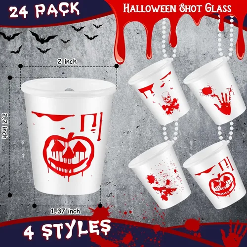 Vista 2 de 24 piezas de vaso de chupito de Halloween en collar de cuentas, vasos de chupito de plástico de calavera, tazas fantasma, collares de vidrio