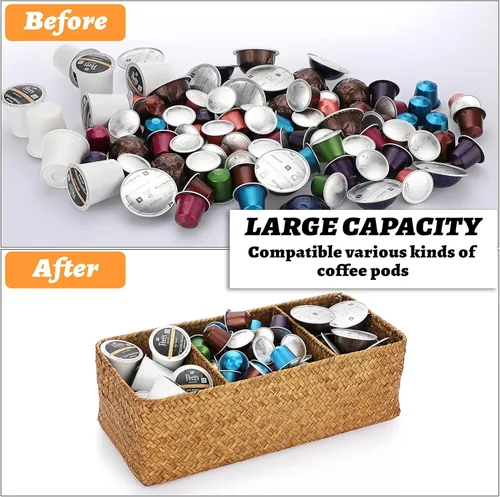 Vista 3 de ELLDOO Cesta de almacenamiento de mimbre de mimbre de hierba marina, organizador de cápsulas de café de gran capacidad para cápsulas K Cup