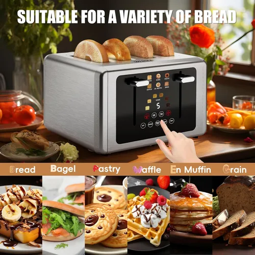 Vista 4 de whall 4 Slice Touch Screen Toaster, Stainless Steel Toasters Digital Timer, Dual Control Panel Toasters，6 Shade Settings＆6 Bread Types, Smart Wide