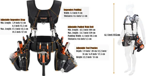 Vista 8 de WELKINLAND 39Pockets Tool Belts for Men with Suspenders, 4" Padded Toolbelt, Tool Belt with Suspenders, Black W/Orange, One Size (38"-48")