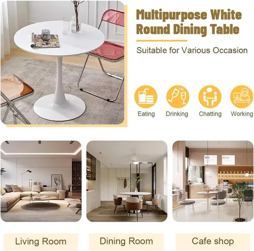 Vista 4 de Mesa de comedor redonda blanca, mesa de comedor de cocina de 31.5 pulgadas para 2 a 4 personas, mesa de comedor moderna para lugares pequeños