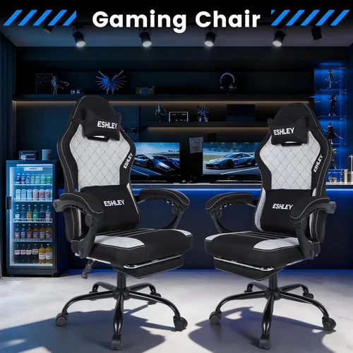 Vista 7 de Silla para Juegos, Silla de Computadora Ergonómica con Reposapiés y Soporte Lumbar, Silla de Oficina Ajustable en Altura con Asiento Giratório