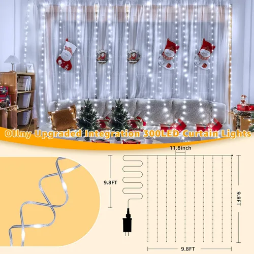 Vista 2 de Ollny Luces de Cortina 300LED 9.8ftx9.8ft, Conectables IP67 Impermeables para Exteriores con Control Remoto, Luces de Hadas Enchufables Sin Enredos