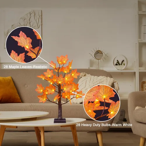 Vista 3 de Árbol de arce iluminado con 28 luces LED, luz artificial de árbol de otoño, decoración de Acción de Gracias, funciona con pilas y temporizador