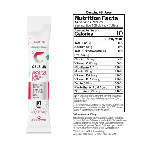 Vista 3 de CELSIUS® Paquete de bebidas energéticas y polvo Zero Sugar, Peach Vibe