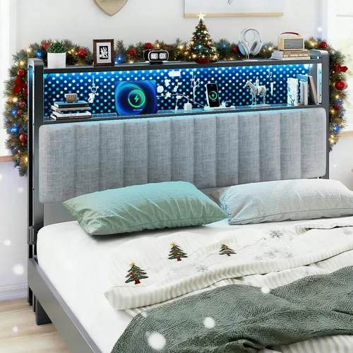 Vista 14 de VINGLI Cabecera de tamaño Queen con almacenamiento y LED, cabecera tapizada ajustable con estantes de 3 niveles y tablero de clavijas, cabecera