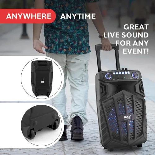 Vista 6 de Pyle 680W Altavoz PA Bluetooth portátil - Altavoz de karaoke recargable de 10" para exteriores, sistema de audio con micrófono inalámbrico y ruedas