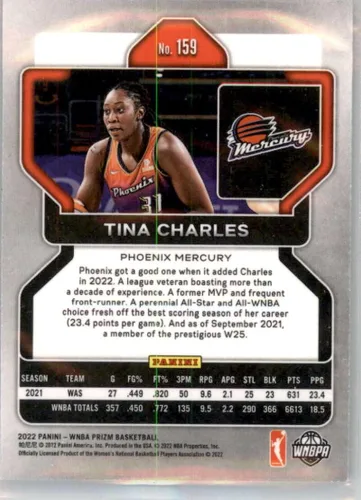Vista 2 de 2022 Panini Prizm WNBA #159 Tina Charles W25 Phoenix Mercury Basketball Trading Card