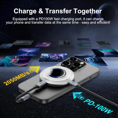 Vista 2 de FP108 SSD portátil magnético de 2 TB, unidades externas de estado sólido con PD-100W y 2050MB/s USB-C 3.2 Gen 2x2, reproducción mientras se carga