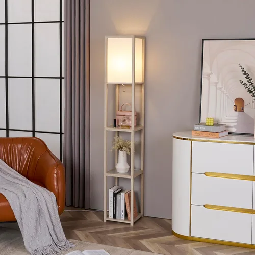 Vista 8 de Lámpara de pie FENLO con estantes – Lámpara alta de pie con niveles de vidrio templado – Lámpara de pie minimalista moderna para dormitorio, sala