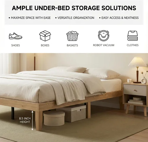 Vista 4 de Marco de cama tamaño Queen, marco de cama de plataforma de madera con listones y patas de madera maciza, sin ruido, no necesita somier, fácil