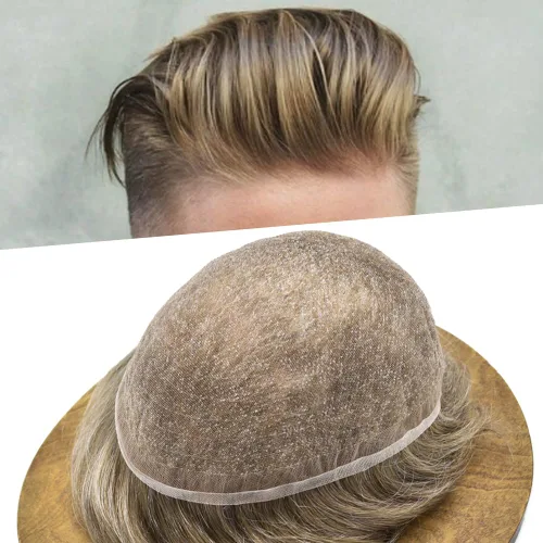 Vista 12 de Toupee para hombres, sistema de reemplazo de piezas de cabello humano real, encaje suizo suave, encaje frontal para hombres, pieza de pelo tipo
