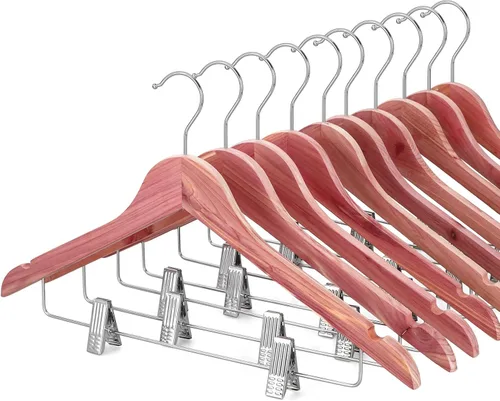Vista 17 de TOPIA HANGER Perchas de madera para trajes con clips de metal ajustables (paquete de 10), perchas de ropa de madera maciza, gancho giratorio