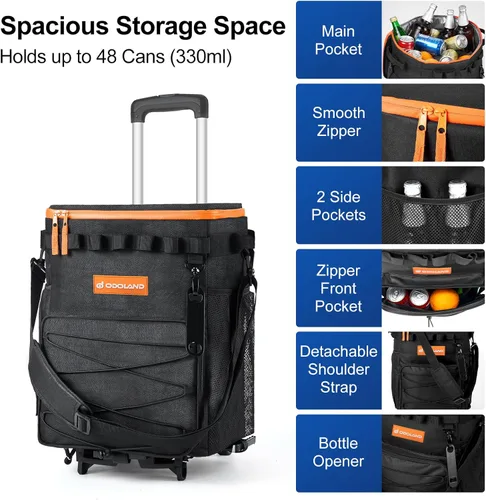 Vista 2 de Odoland 72 Can Rolling Cooler Bag with Wheels & Handle, Collapsible Insulated Ice Chest for Beach, Camping & Tailgating - Portable Travel Soft